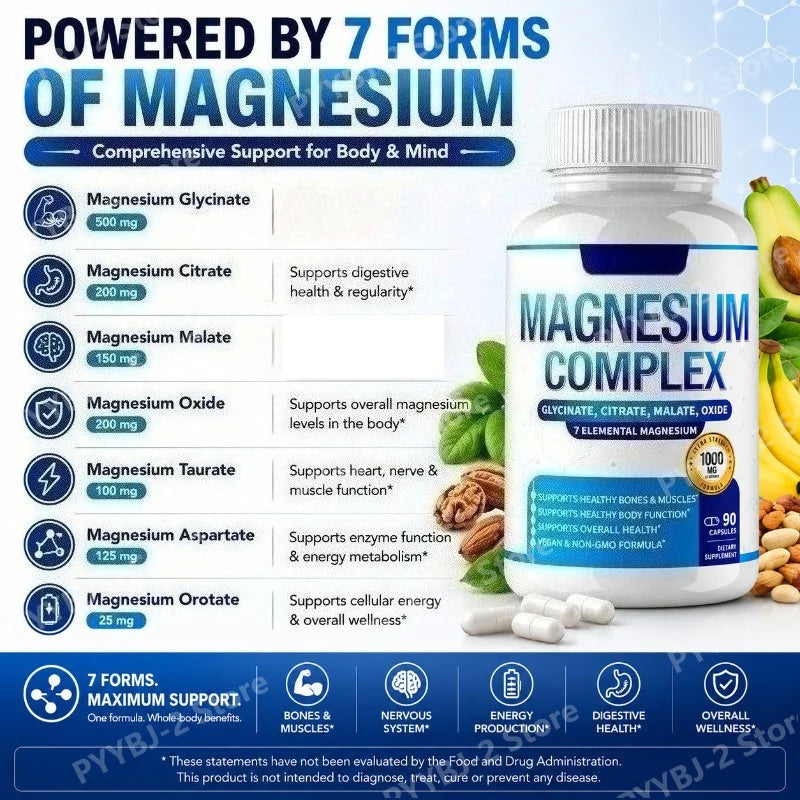 Magnesium Complex Supplement 90 Count with 7Forms of  Magnesium Glycinate Citrate Malate Orotate Taurate Daily Mineral Support