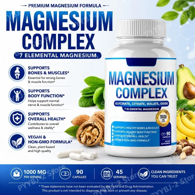 Magnesium Complex Supplement 90 Count with 7Forms of  Magnesium Glycinate Citrate Malate Orotate Taurate Daily Mineral Support