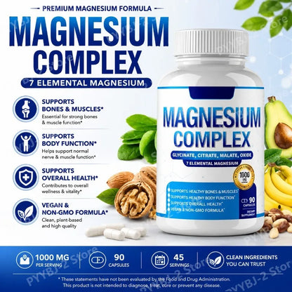 Magnesium Complex Supplement 90 Count with 7Forms of  Magnesium Glycinate Citrate Malate Orotate Taurate Daily Mineral Support