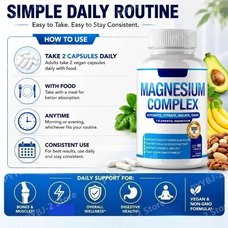Magnesium Complex Supplement 90 Count with 7Forms of  Magnesium Glycinate Citrate Malate Orotate Taurate Daily Mineral Support